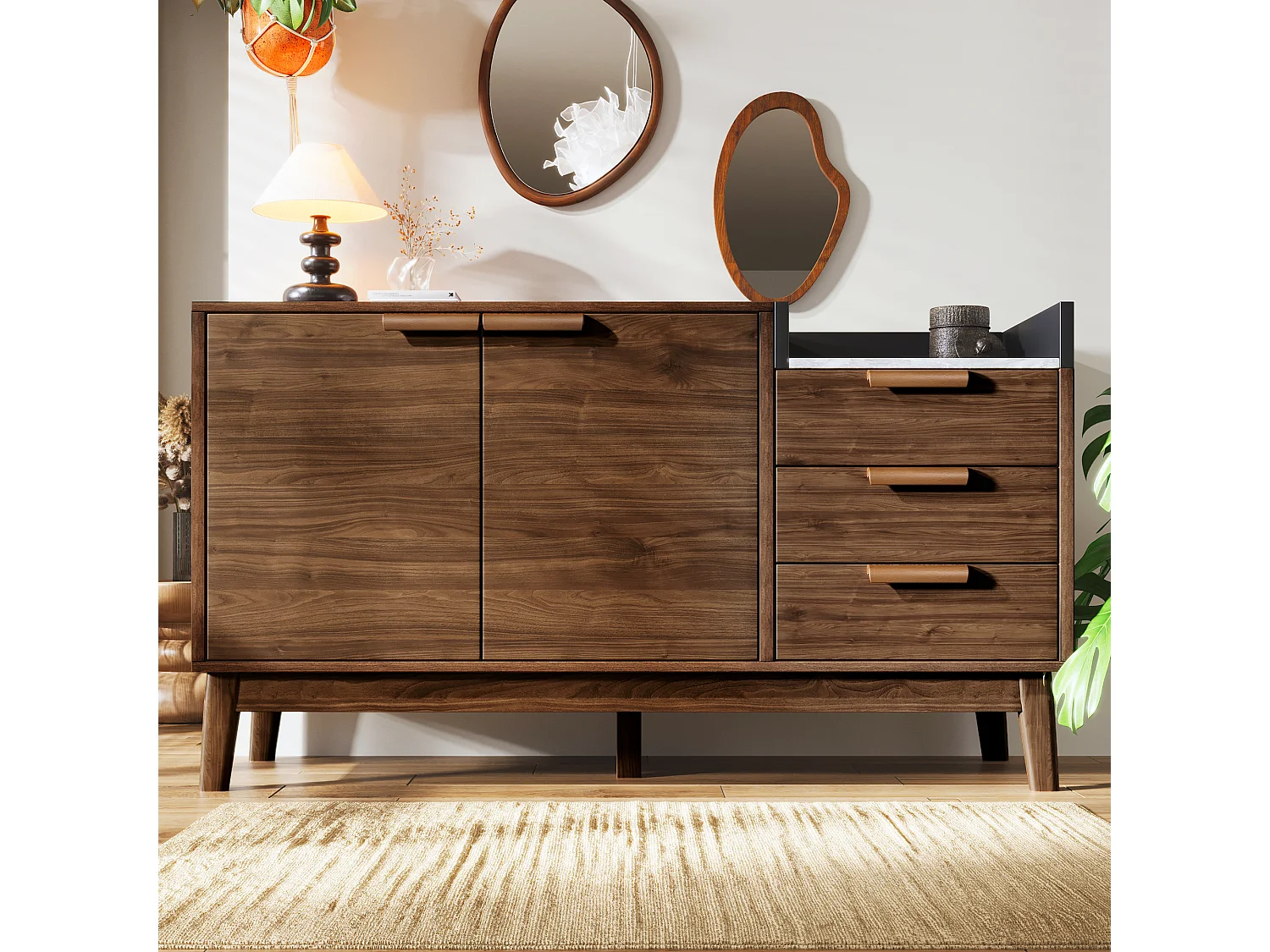 Commode salon en chêne avec plateau marbre, 3 tiroirs + armoire à double porte, pieds en bois massif (120x40x77cm)