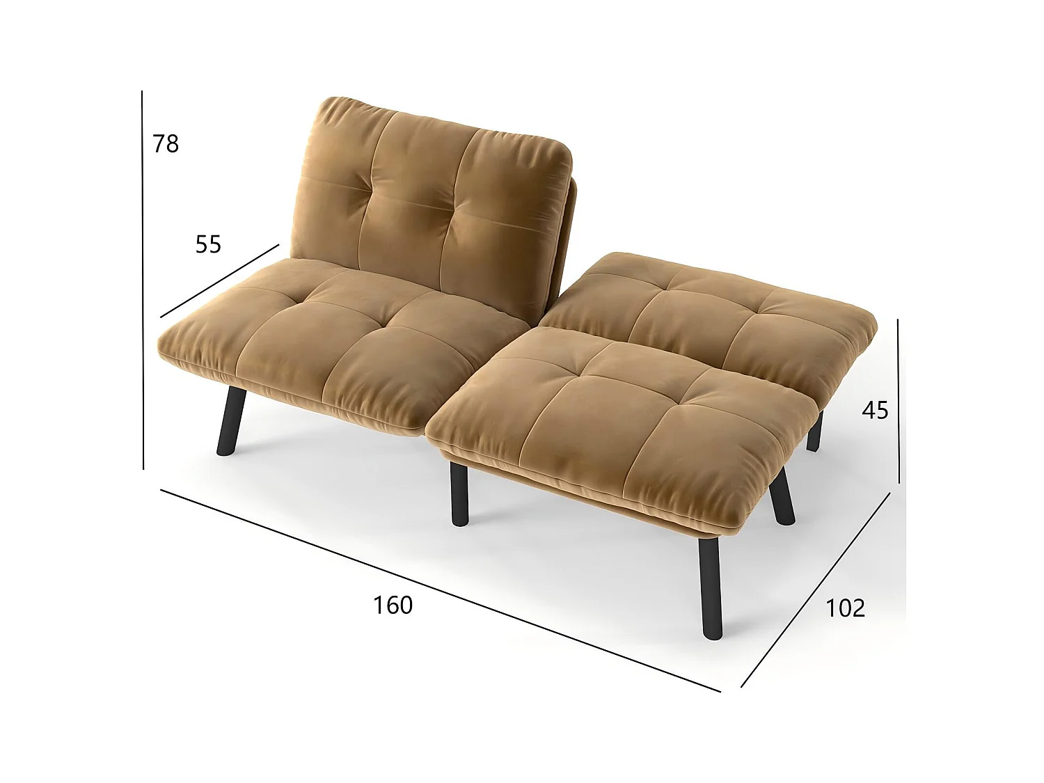 Canapé-lit convertible 2 places, design moderne, velours et métal, marron, fonction couchage spacieux (160x81x78 cm)