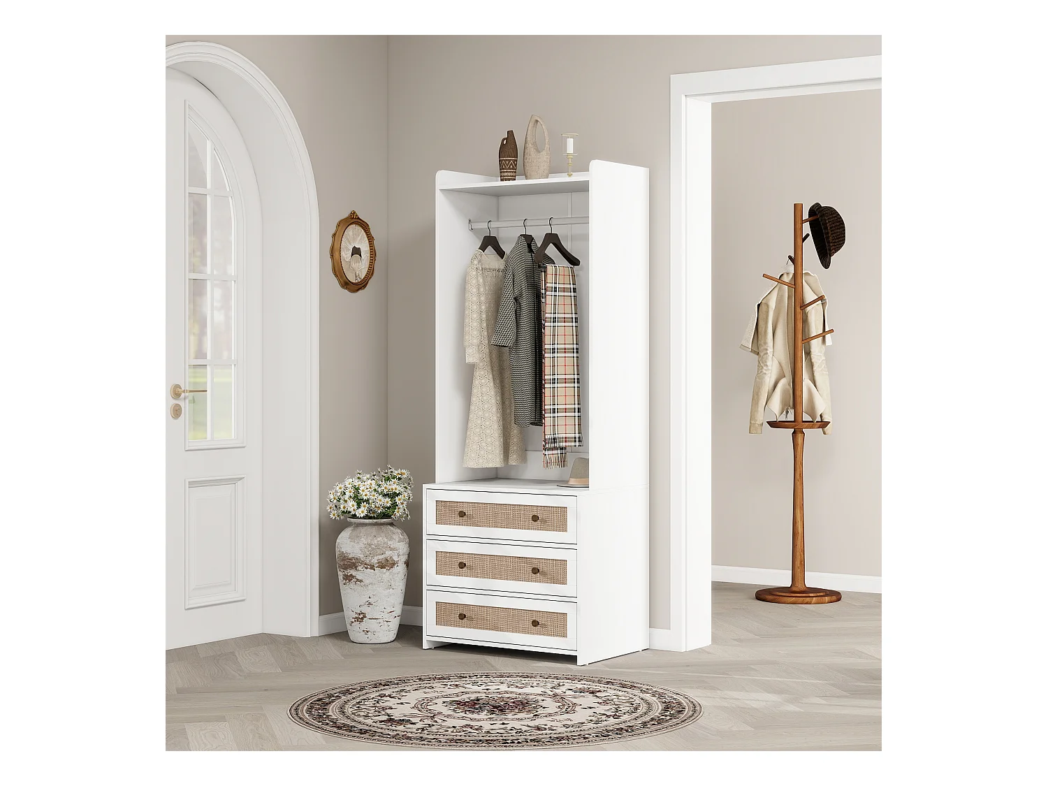 Armoire blanche avec 3 tiroirs et étagère de rangement, style boho, panneau de particules, blanc (70x48x180cm)