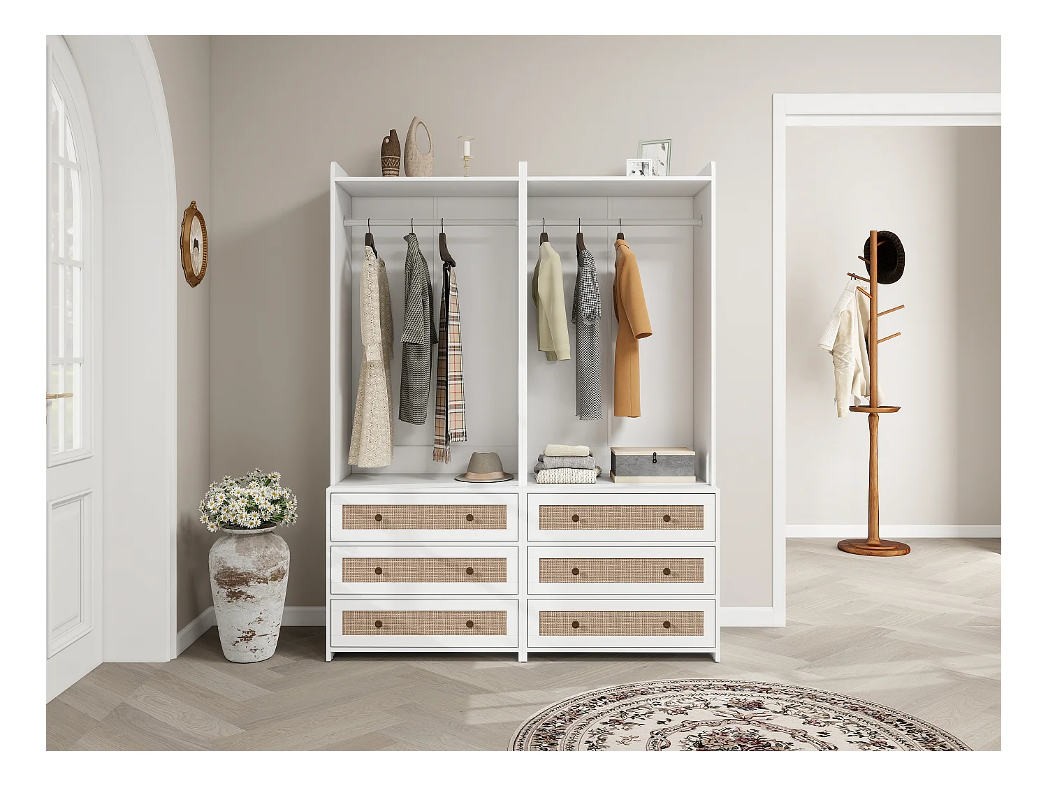 Armoire blanche avec 3 tiroirs et étagère de rangement, style boho, panneau de particules, blanc (70x48x180cm)