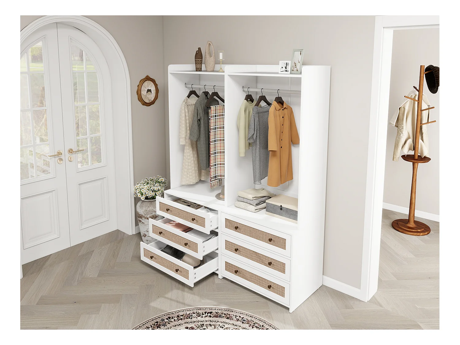 Witte kledingkast met 3 lades en opbergplank, boho-stijl, spaanplaat, wit (70x48x180cm)