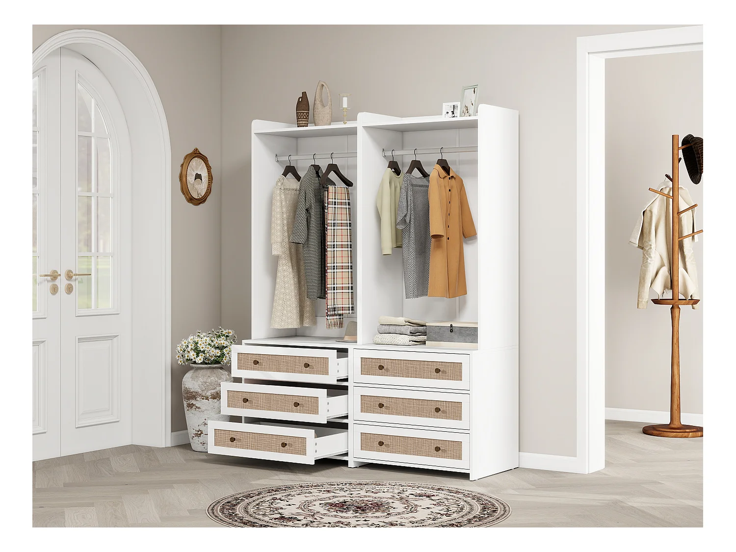 Witte kledingkast met 3 lades en opbergplank, boho-stijl, spaanplaat, wit (70x48x180cm)