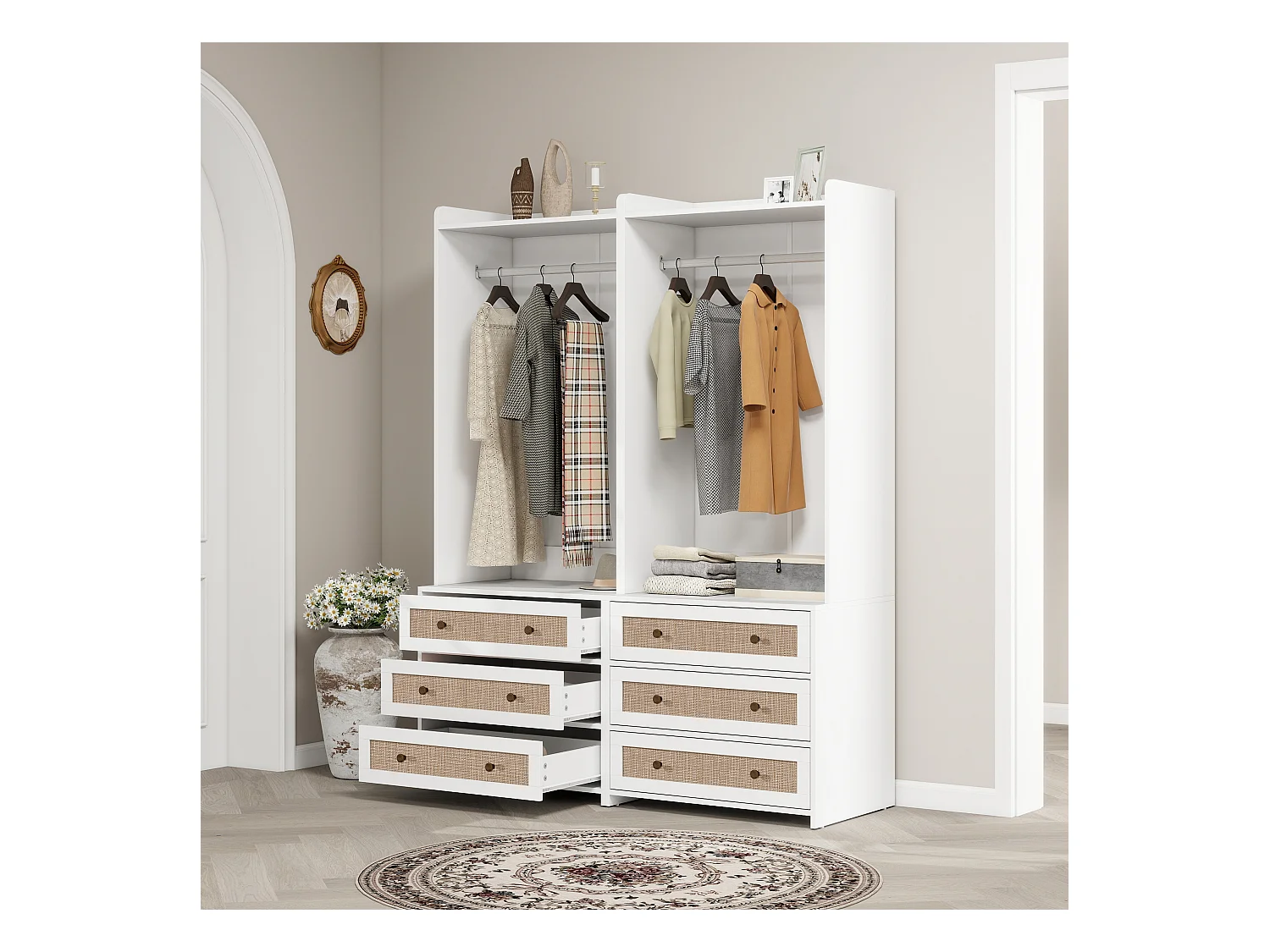 Witte kledingkast met 3 lades en opbergplank, boho-stijl, spaanplaat, wit (70x48x180cm)