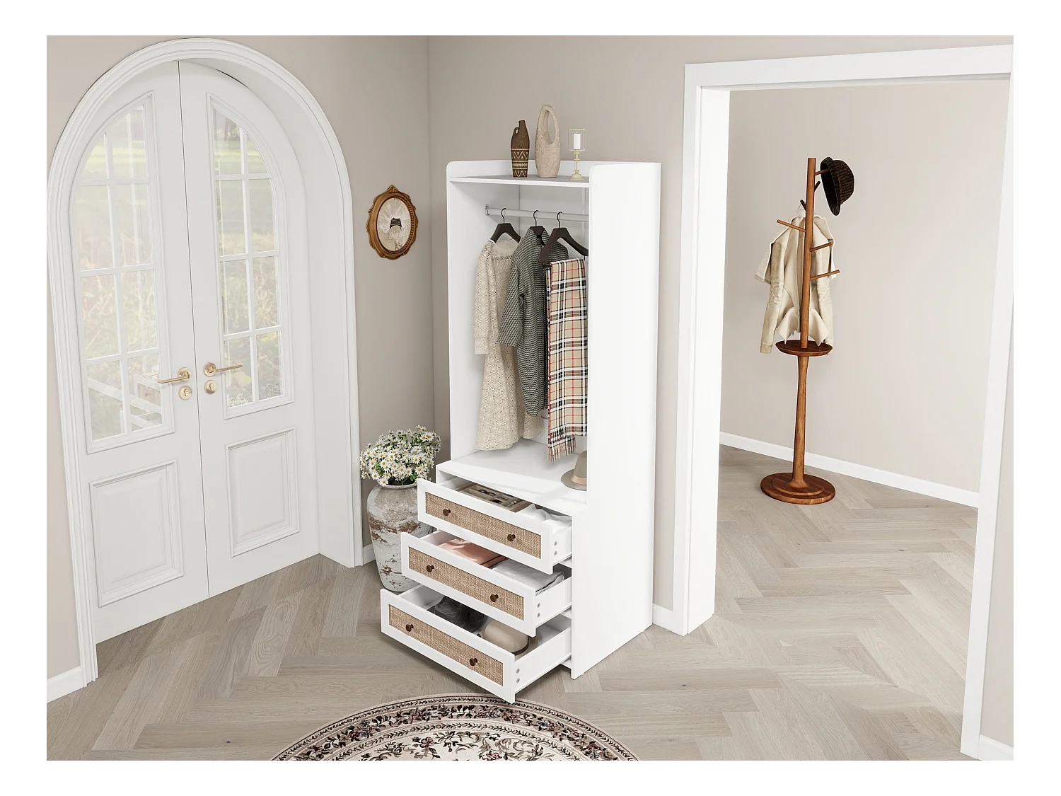 Witte kledingkast met 3 lades en opbergplank, boho-stijl, spaanplaat, wit (70x48x180cm)