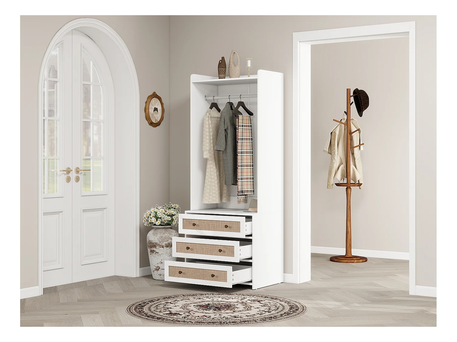 Witte kledingkast met 3 lades en opbergplank, boho-stijl, spaanplaat, wit (70x48x180cm)