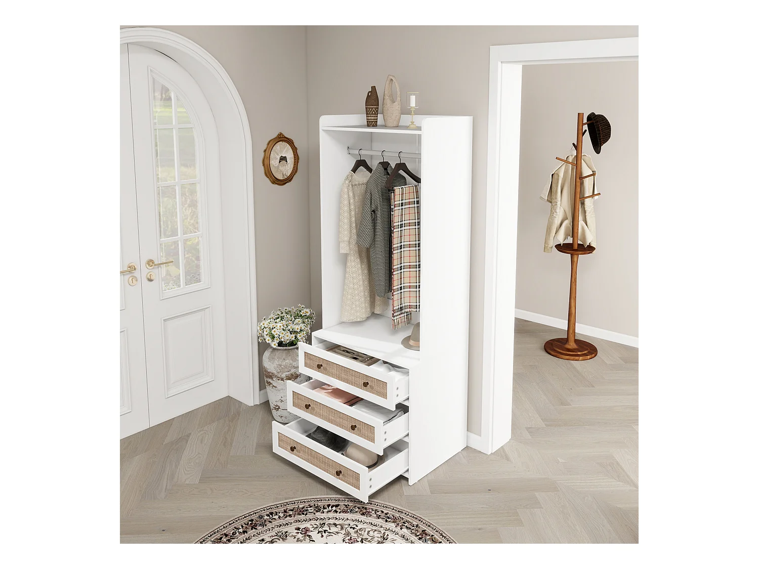 Witte kledingkast met 3 lades en opbergplank, boho-stijl, spaanplaat, wit (70x48x180cm)