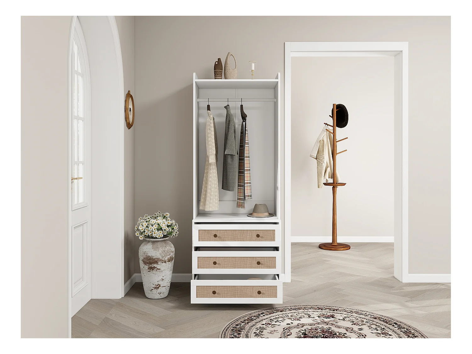 Witte kledingkast met 3 lades en opbergplank, boho-stijl, spaanplaat, wit (70x48x180cm)