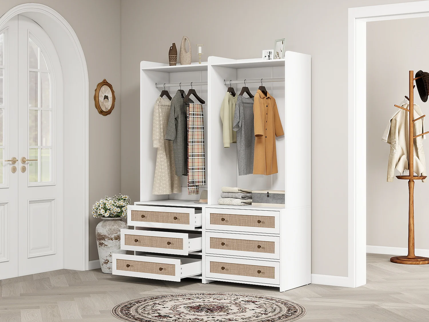 Armoire blanche avec 3 tiroirs et étagère de rangement, style boho, panneau de particules, blanc (70x48x180cm)