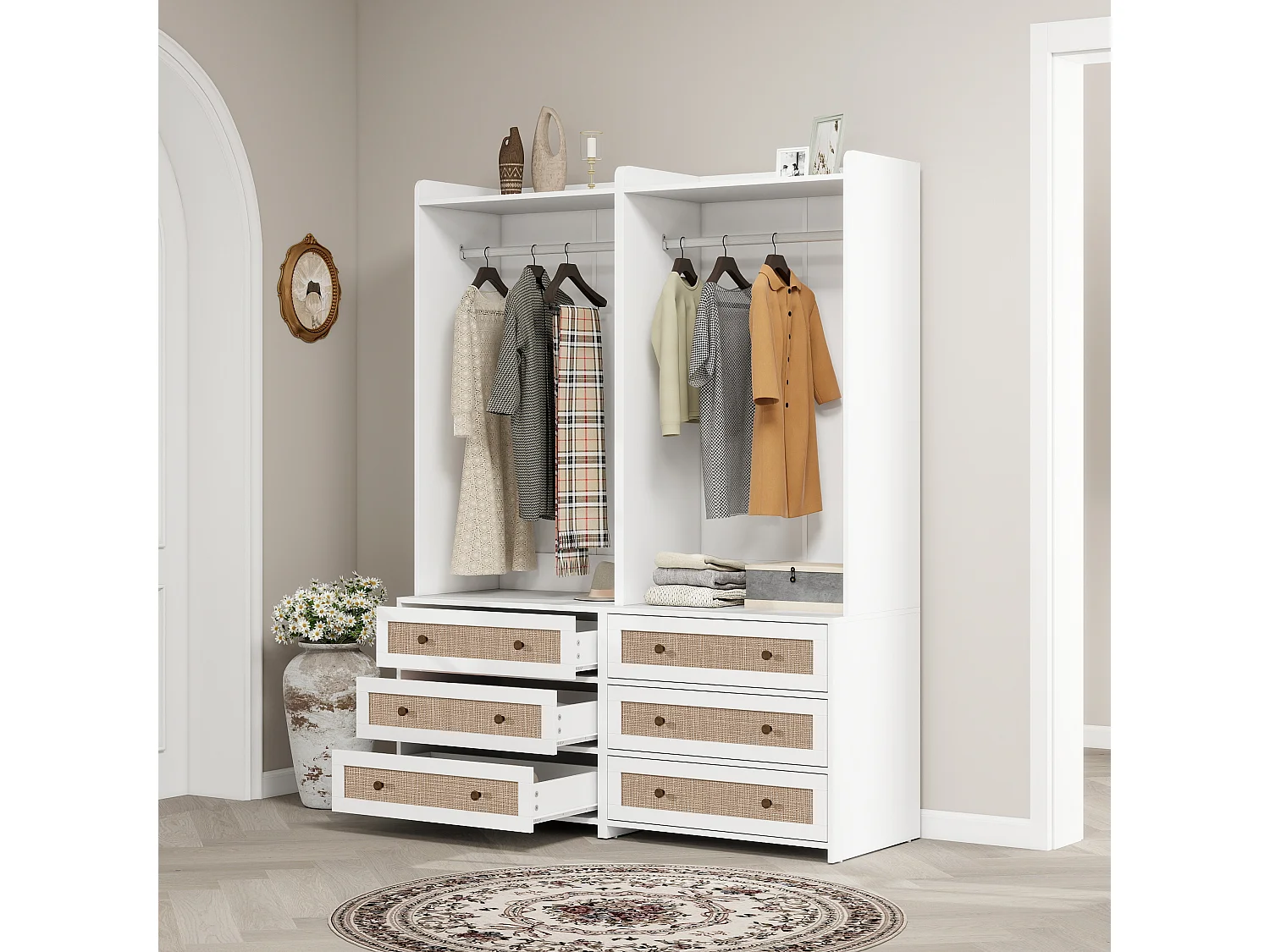 Armoire blanche avec 3 tiroirs et étagère de rangement, style boho, panneau de particules, blanc (70x48x180cm)