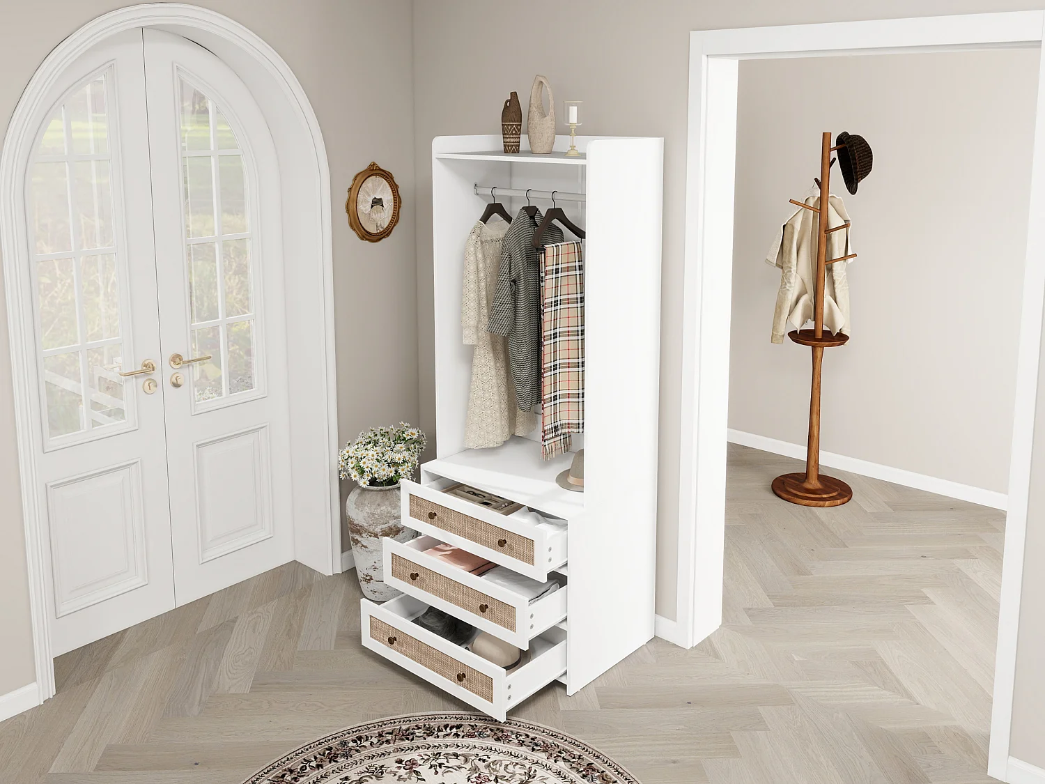 Armoire blanche avec 3 tiroirs et étagère de rangement, style boho, panneau de particules, blanc (70x48x180cm)