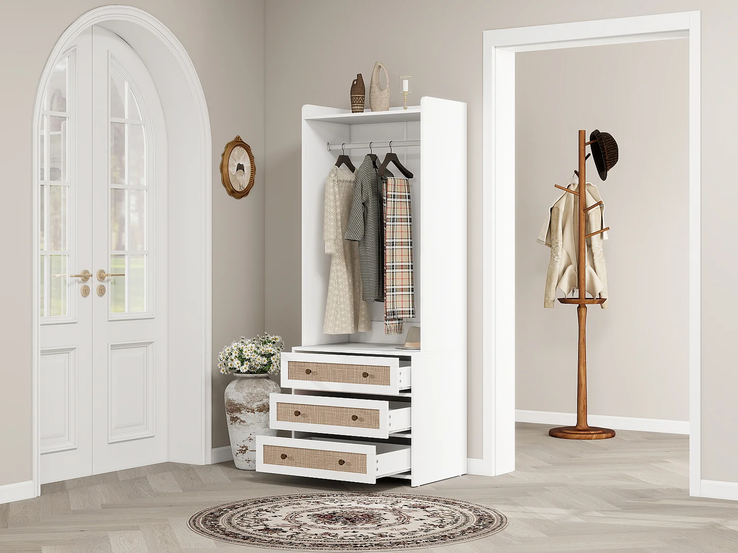 Armoire blanche avec 3 tiroirs et étagère de rangement, style boho, panneau de particules, blanc (70x48x180cm)