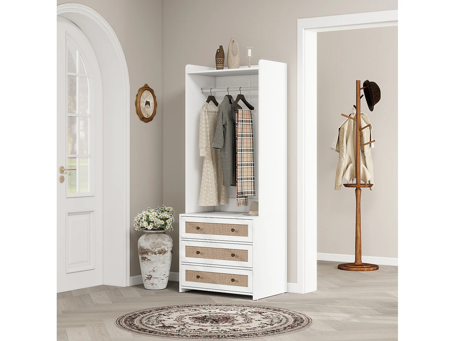 Armoire blanche avec 3 tiroirs et étagère de rangement, style boho, panneau de particules, blanc (70x48x180cm)
