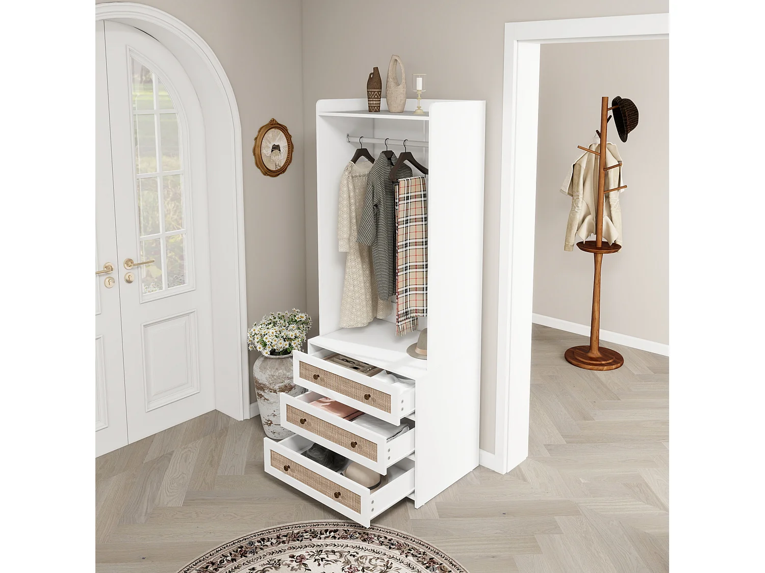 Armoire blanche avec 3 tiroirs et étagère de rangement, style boho, panneau de particules, blanc (70x48x180cm)