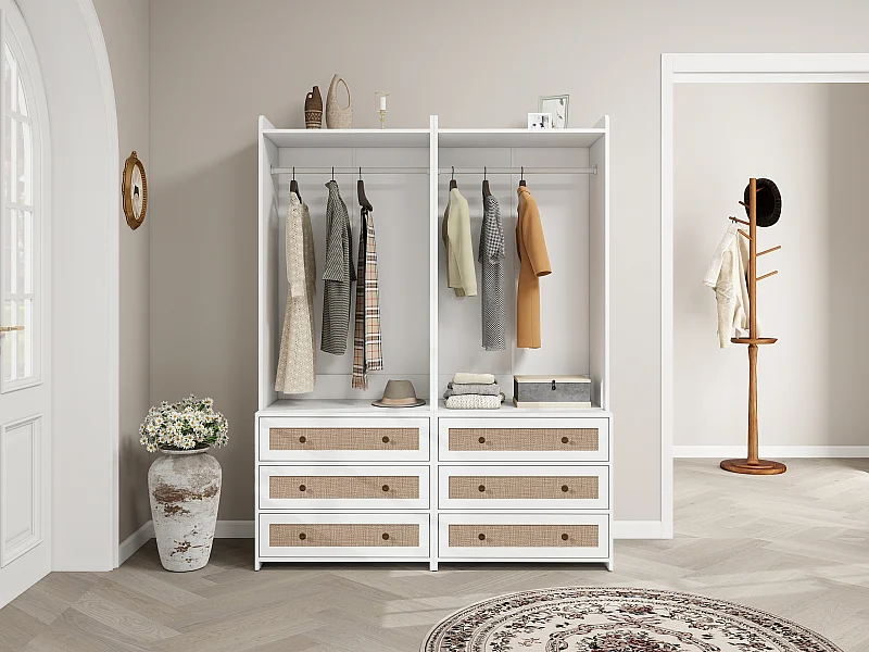 Armoire blanche avec 3 tiroirs et étagère de rangement, style boho, panneau de particules, blanc (70x48x180cm)