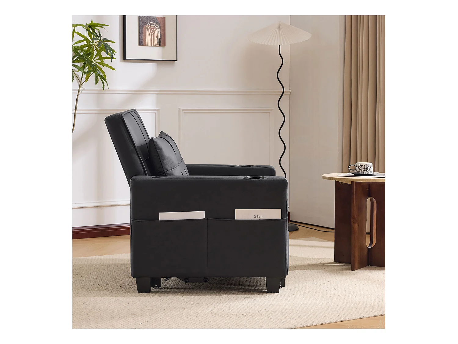 3-in-1 uitschuifbare slaapbank met bekerhouder en USB-poort, metaal en hout, zwart (74x87x84 cm)