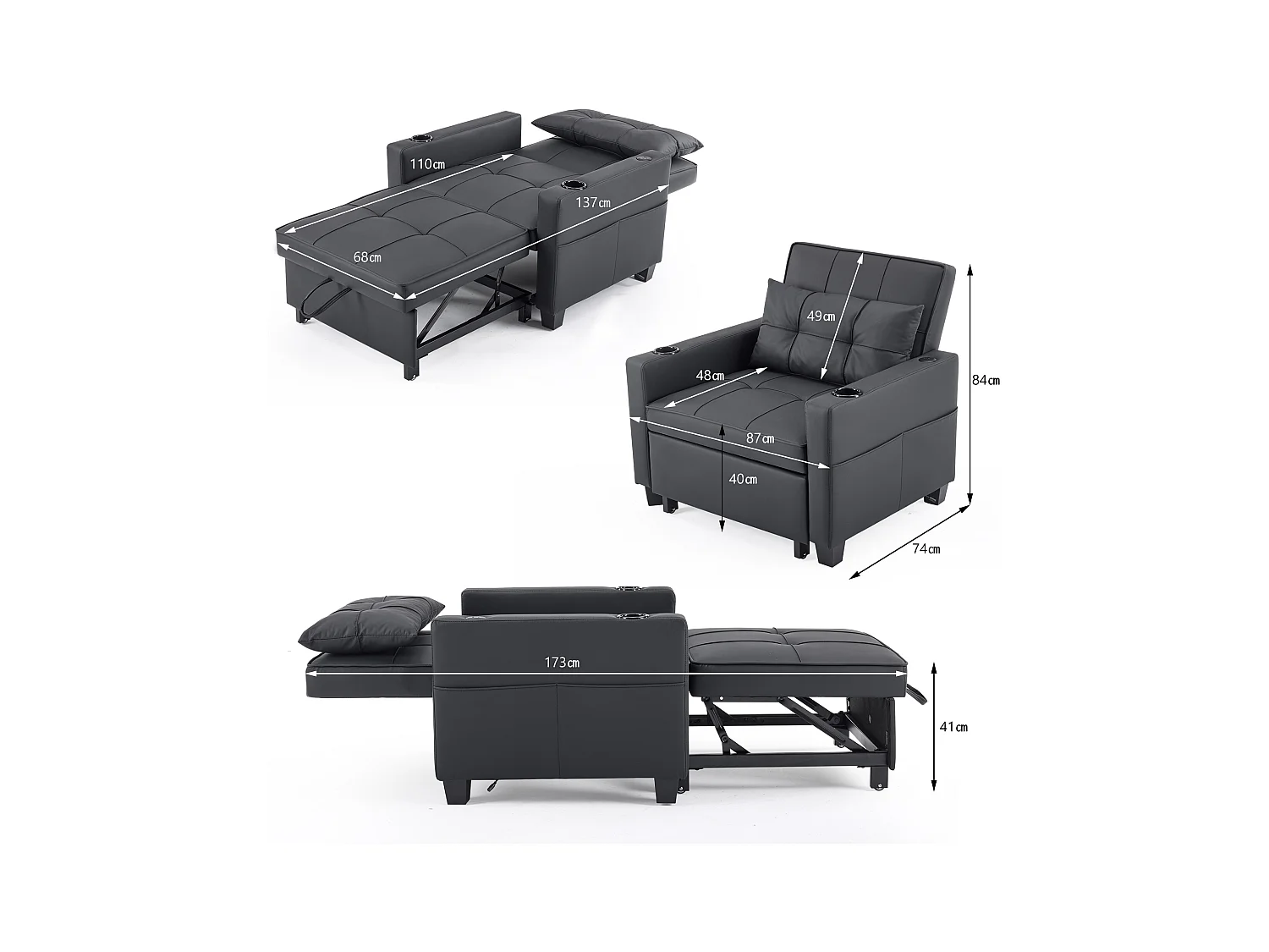 3-in-1 uitschuifbare slaapbank met bekerhouder en USB-poort, metaal en hout, zwart (74x87x84 cm)