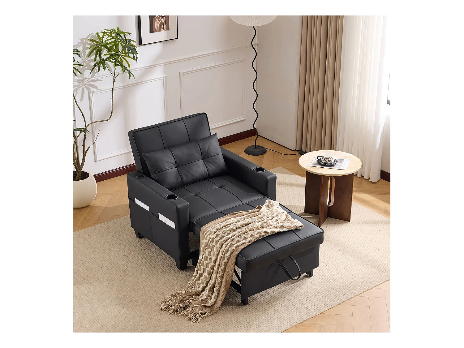 Canapé-lit 3-en-1 extensible avec porte-gobelets et port USB, métal et bois, noir (74x87x84 cm)