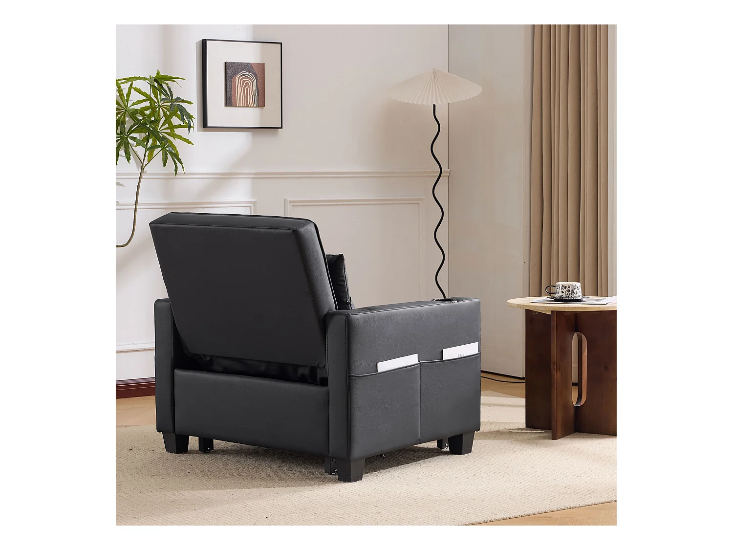 Divano letto estensibile 3 in 1 con portabicchieri e porta USB, metallo e legno, nero (74x87x84 cm)