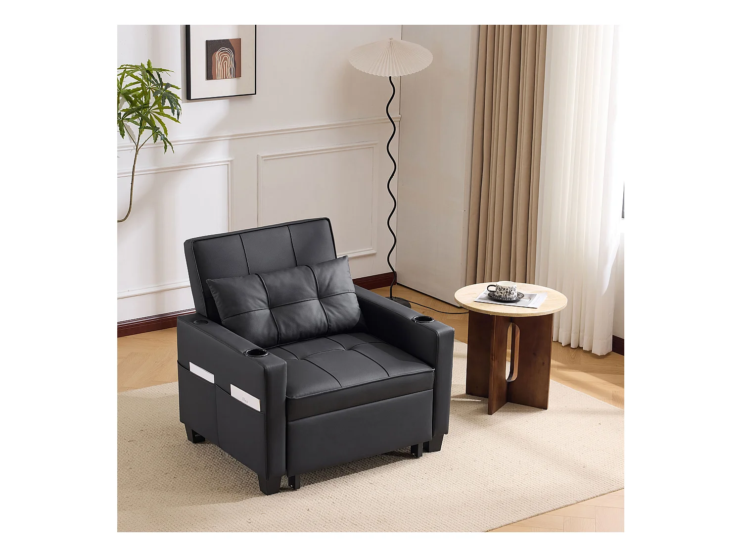 Divano letto estensibile 3 in 1 con portabicchieri e porta USB, metallo e legno, nero (74x87x84 cm)