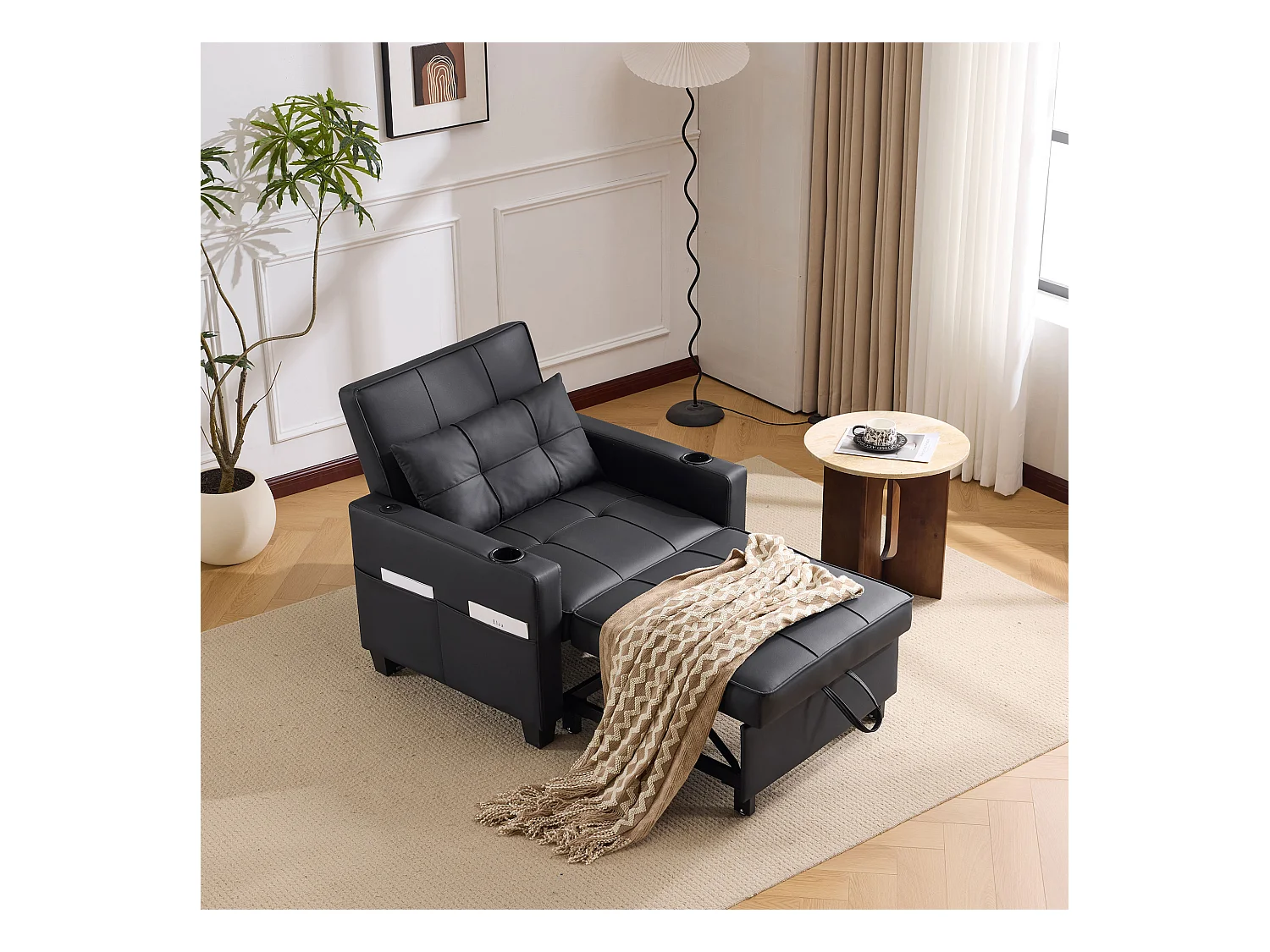 Divano letto estensibile 3 in 1 con portabicchieri e porta USB, metallo e legno, nero (74x87x84 cm)