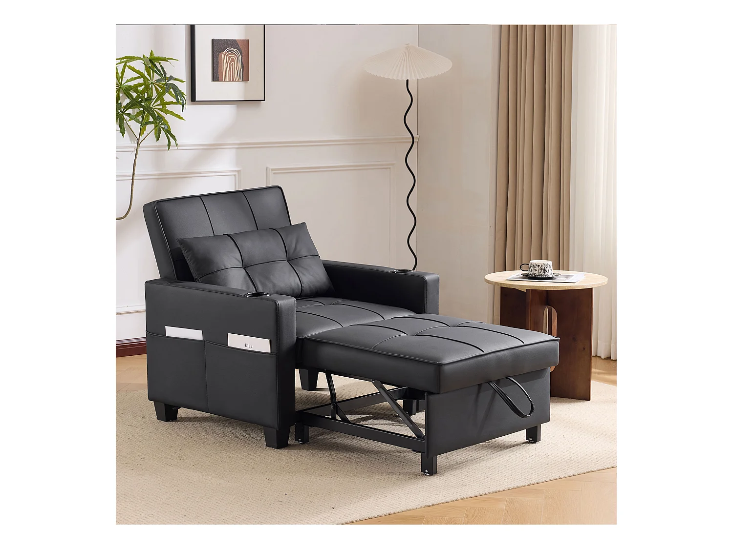 Divano letto estensibile 3 in 1 con portabicchieri e porta USB, metallo e legno, nero (74x87x84 cm)