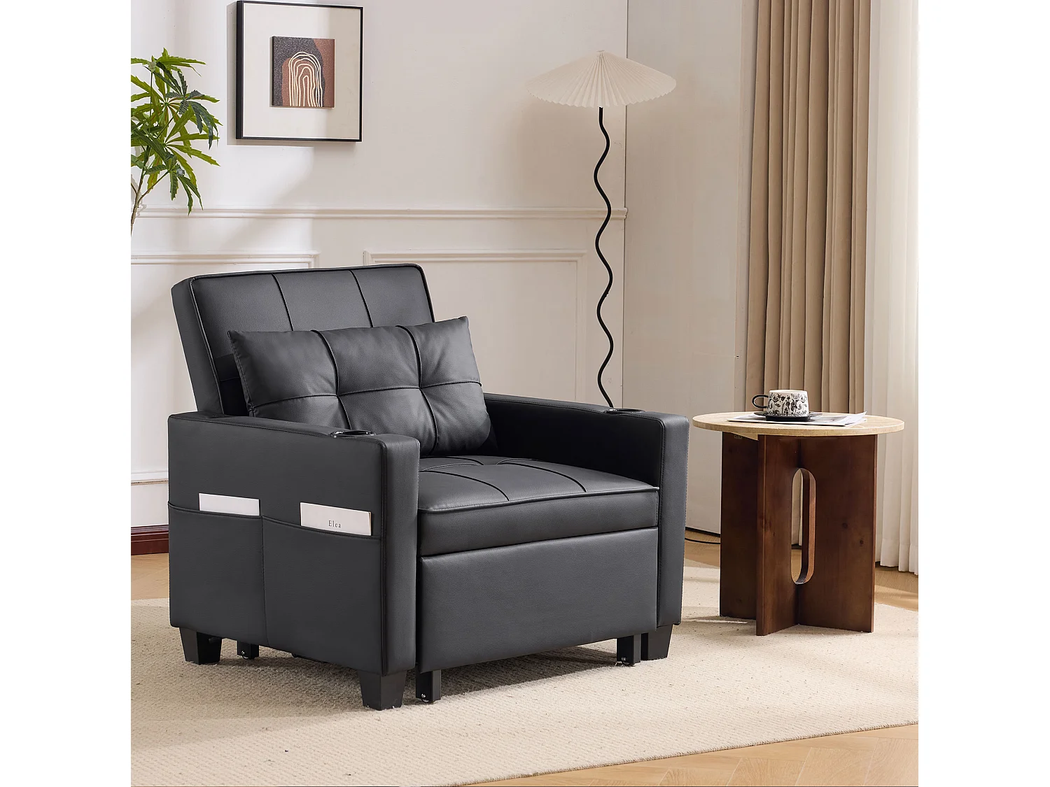 Canapé-lit 3-en-1 extensible avec porte-gobelets et port USB, métal et bois, noir (74x87x84 cm)