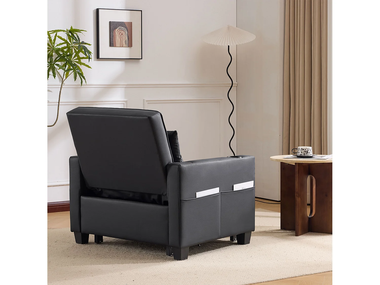 Canapé-lit 3-en-1 extensible avec porte-gobelets et port USB, métal et bois, noir (74x87x84 cm)