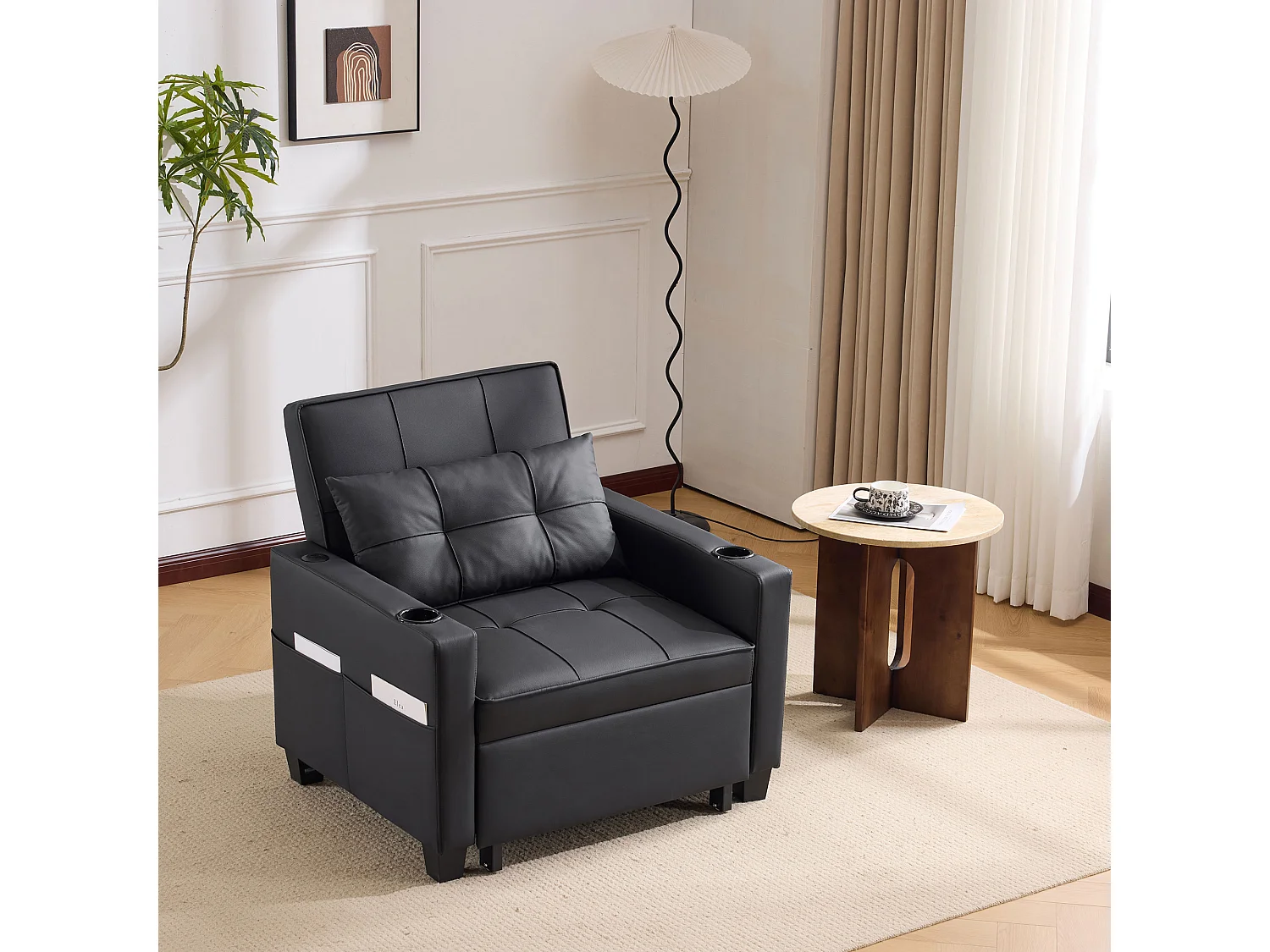 Canapé-lit 3-en-1 extensible avec porte-gobelets et port USB, métal et bois, noir (74x87x84 cm)