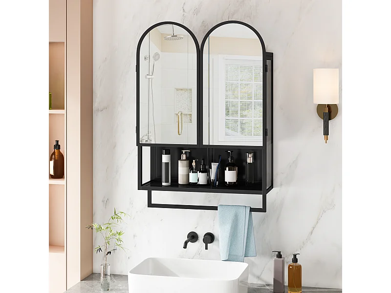 Armario moderno con espejo de doble arco, 2 puertas, metal y cristal templado, color negro (60x20x83cm)