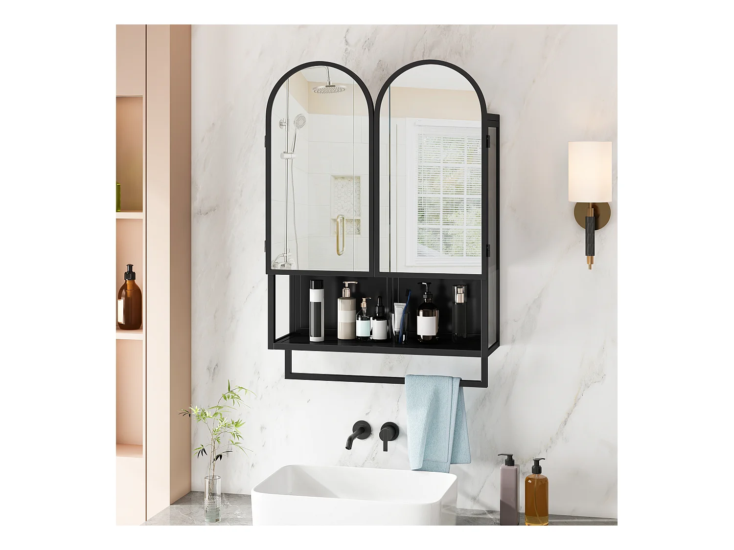 Armoire miroir moderne à double arche, 2 portes, métal et verre trempé, noir (60x20x83cm)