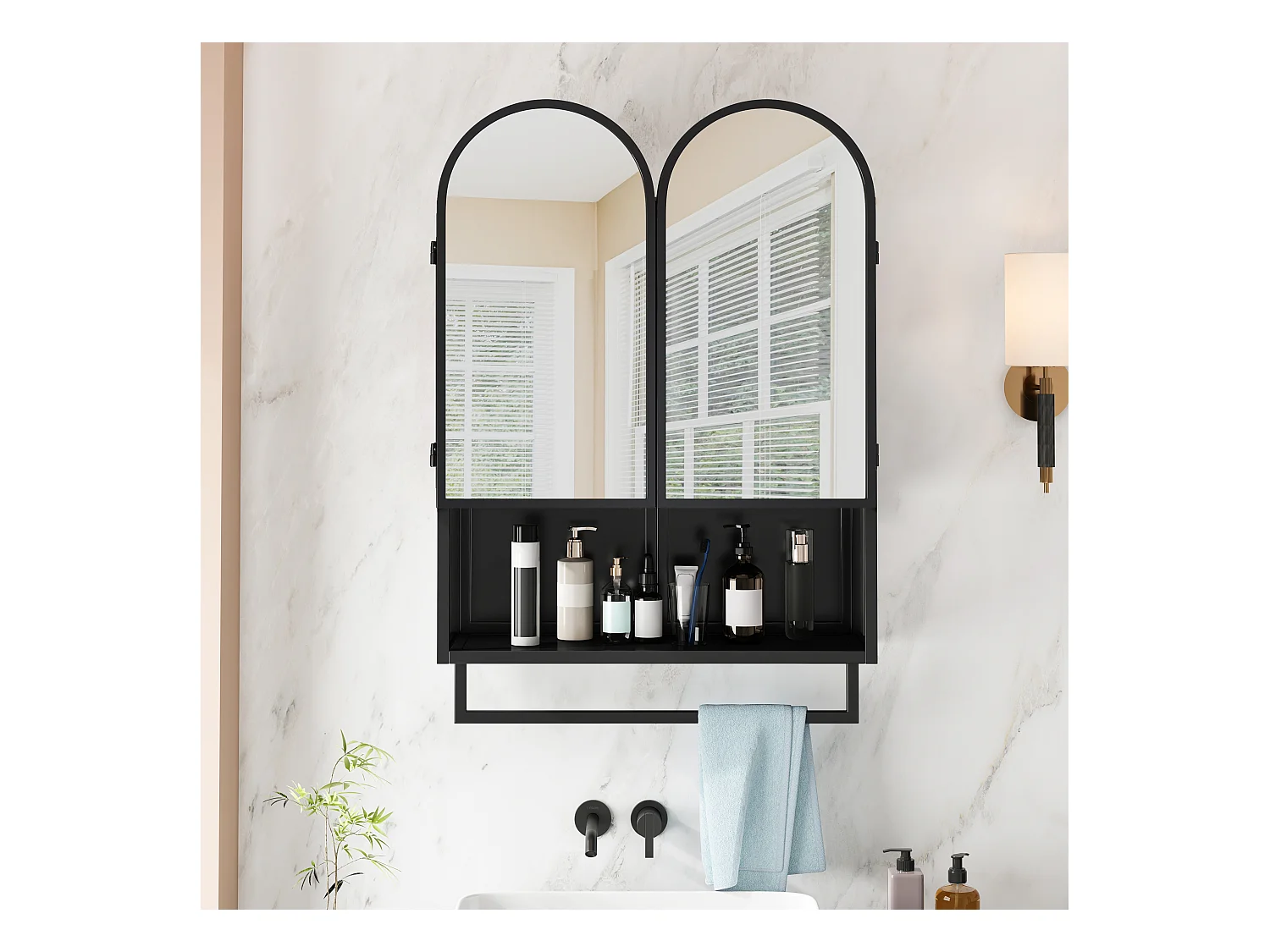 Armoire miroir moderne à double arche, 2 portes, métal et verre trempé, noir (60x20x83cm)