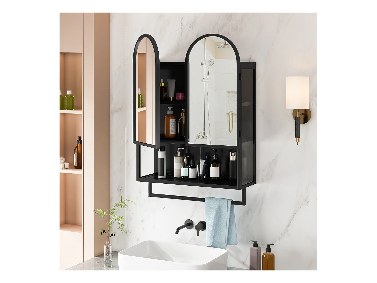 Armoire miroir moderne à double arche, 2 portes, métal et verre trempé, noir (60x20x83cm)