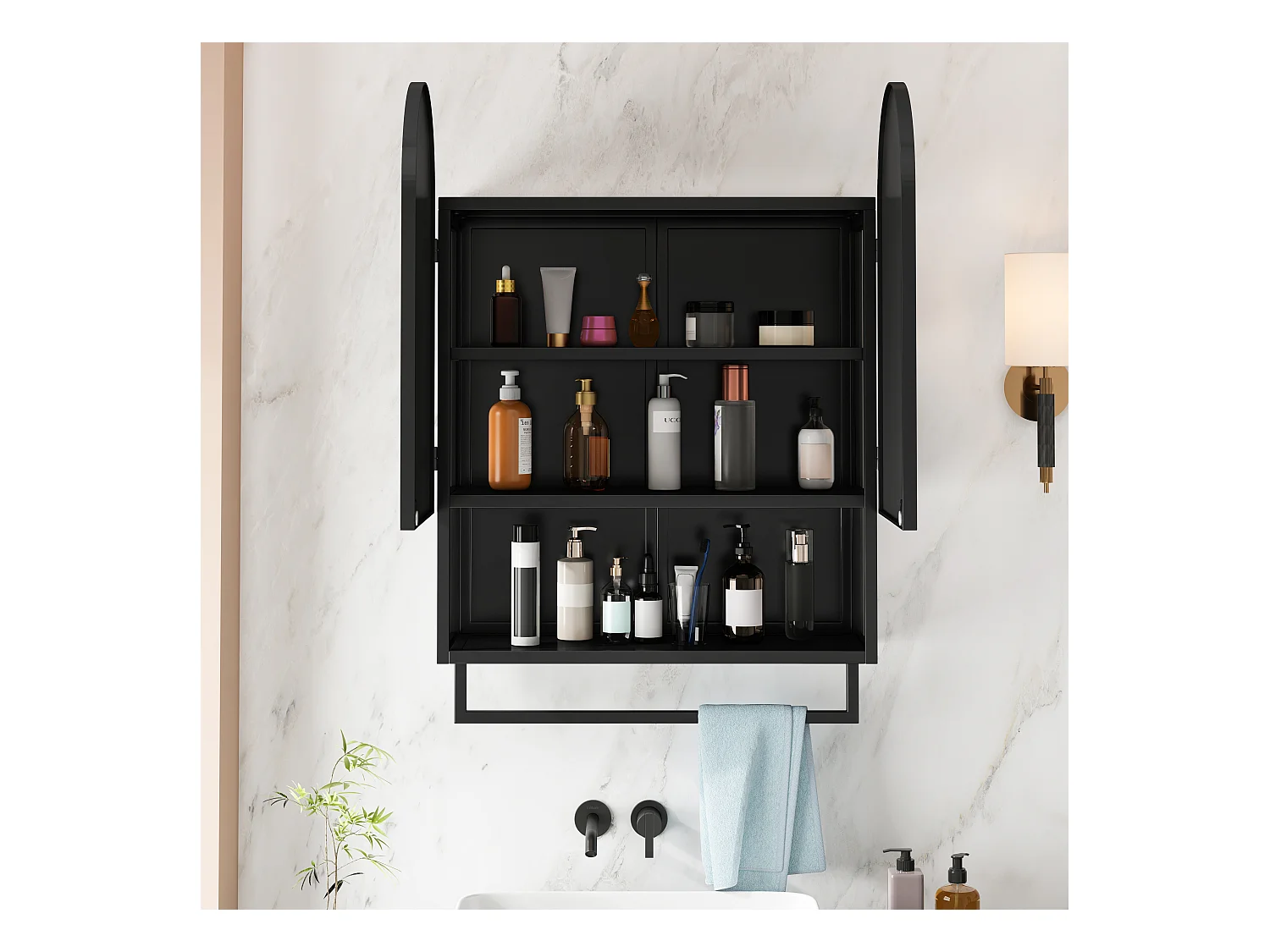 Armoire miroir moderne à double arche, 2 portes, métal et verre trempé, noir (60x20x83cm)