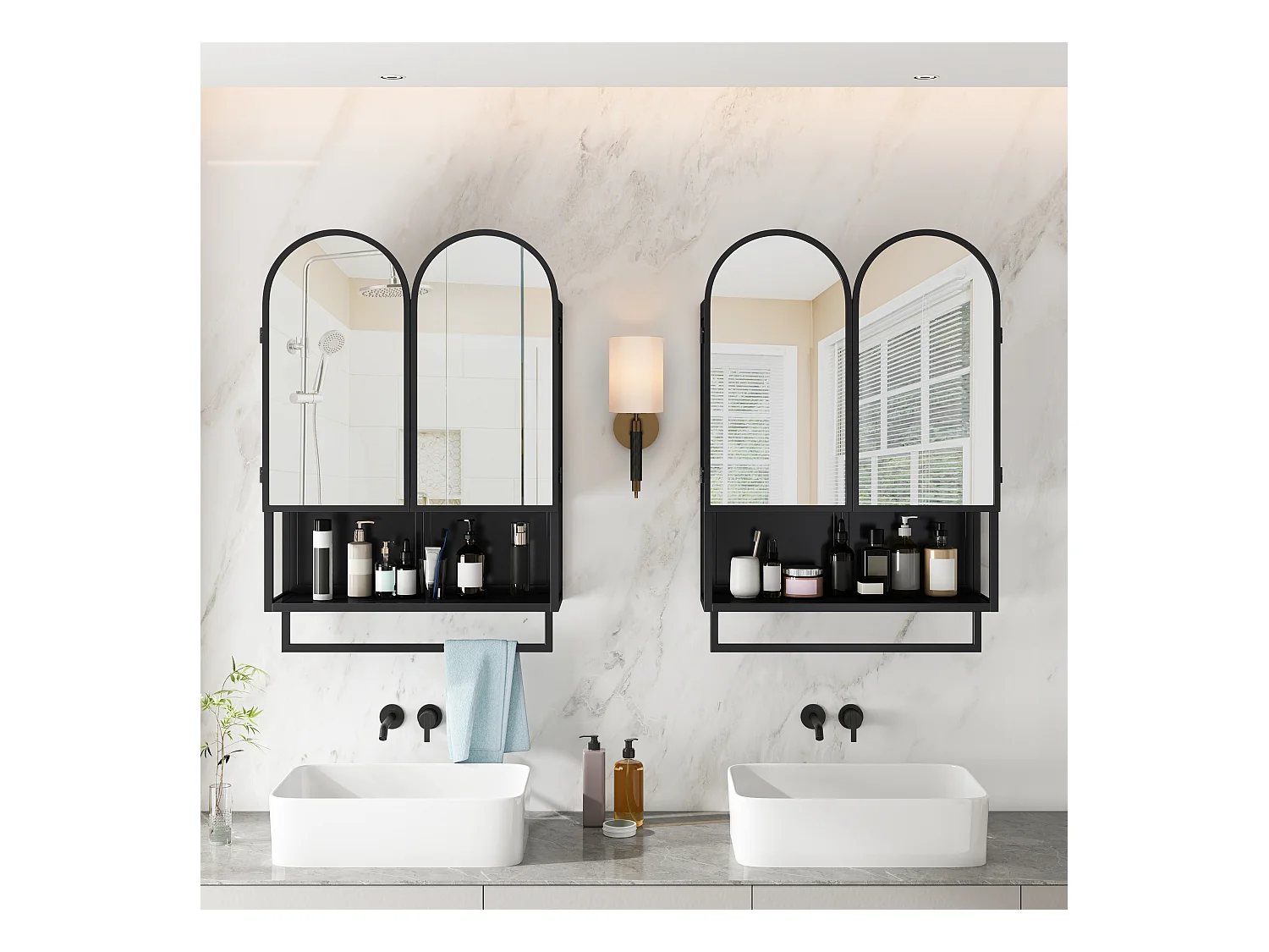 Armoire miroir moderne à double arche, 2 portes, métal et verre trempé, noir (60x20x83cm)