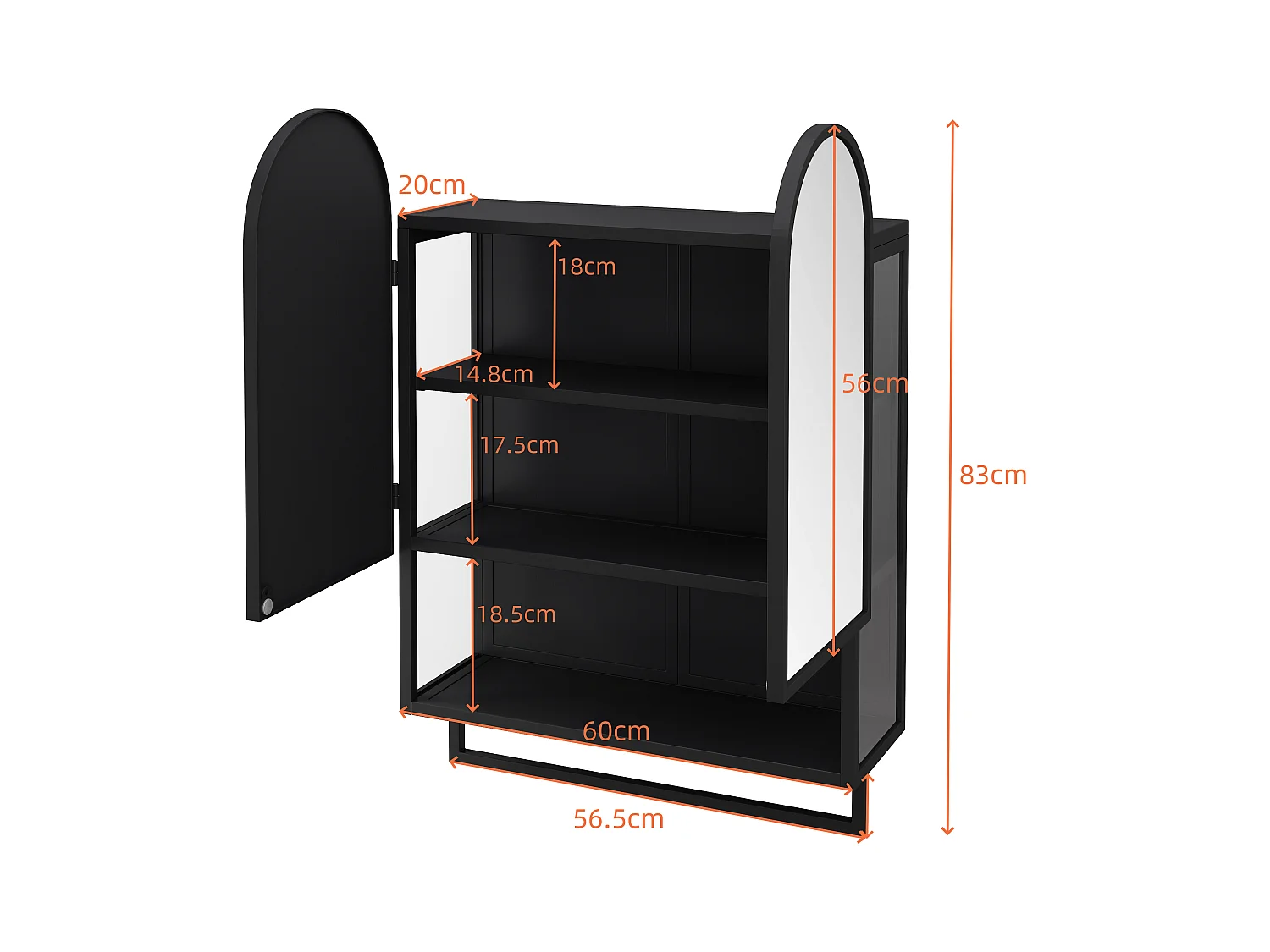 Armoire miroir moderne à double arche, 2 portes, métal et verre trempé, noir (60x20x83cm)