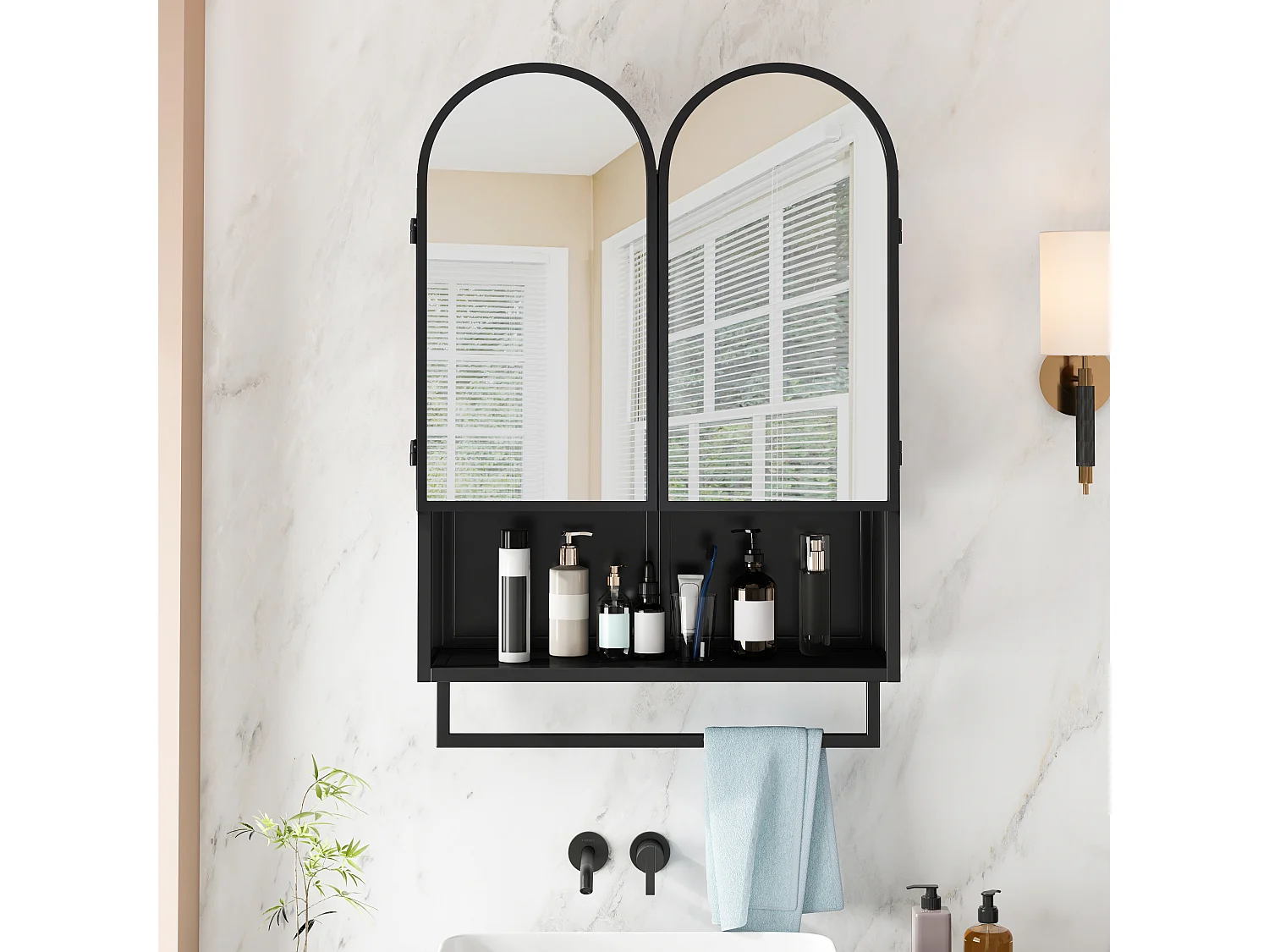 Armadio moderno a specchio a doppio arco, 2 ante, metallo e vetro temperato, nero (60x20x83cm)