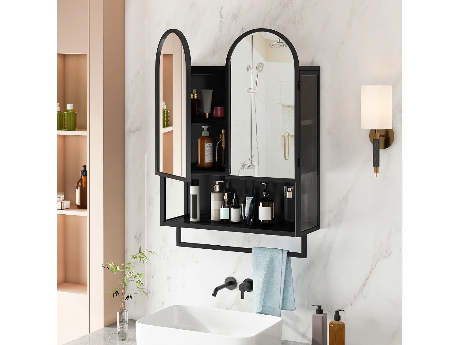 Armadio moderno a specchio a doppio arco, 2 ante, metallo e vetro temperato, nero (60x20x83cm)