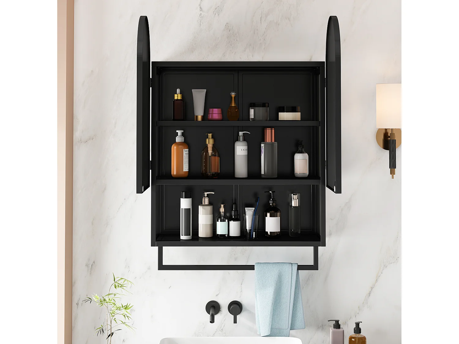 Armadio moderno a specchio a doppio arco, 2 ante, metallo e vetro temperato, nero (60x20x83cm)