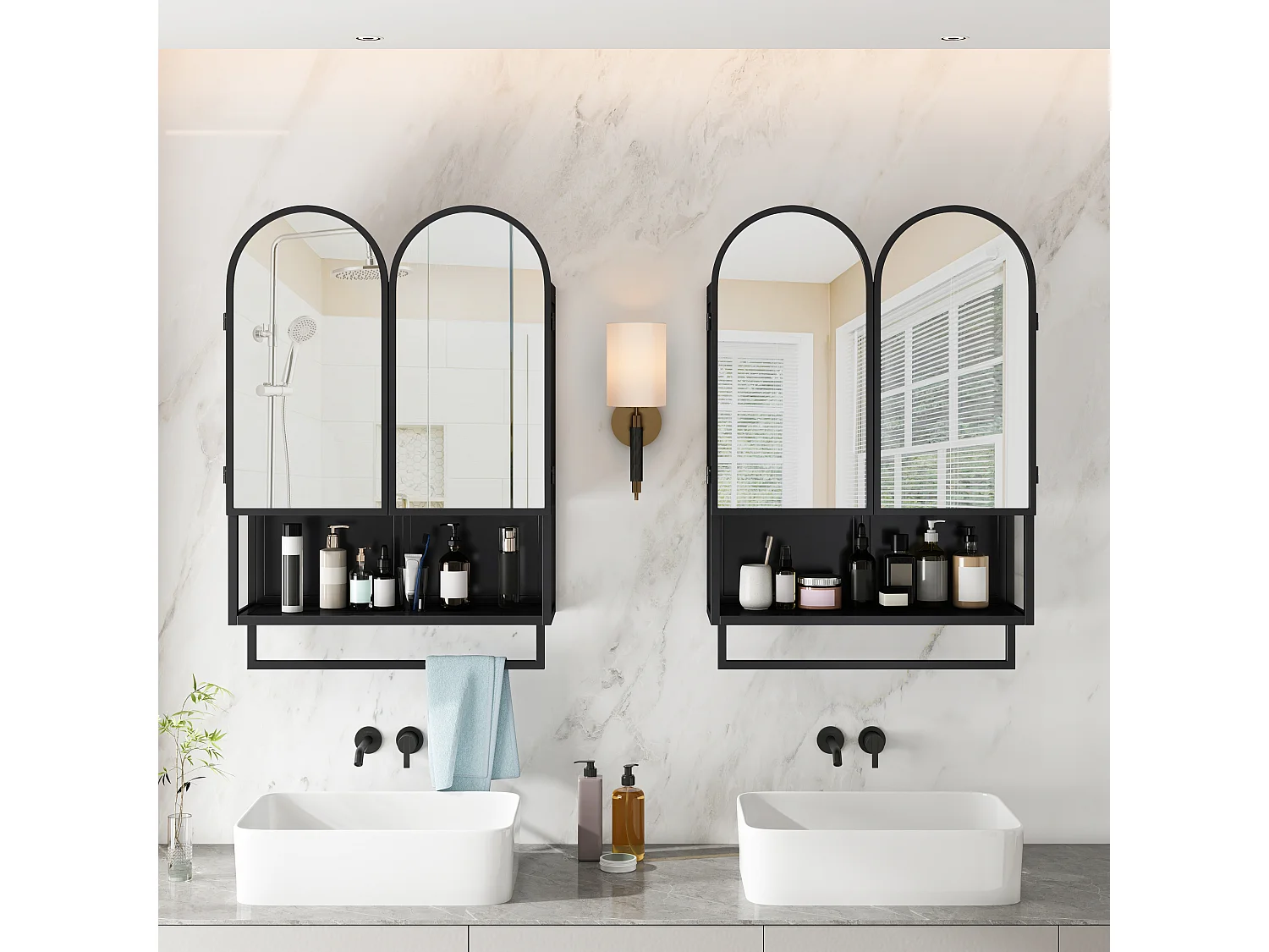 Armadio moderno a specchio a doppio arco, 2 ante, metallo e vetro temperato, nero (60x20x83cm)