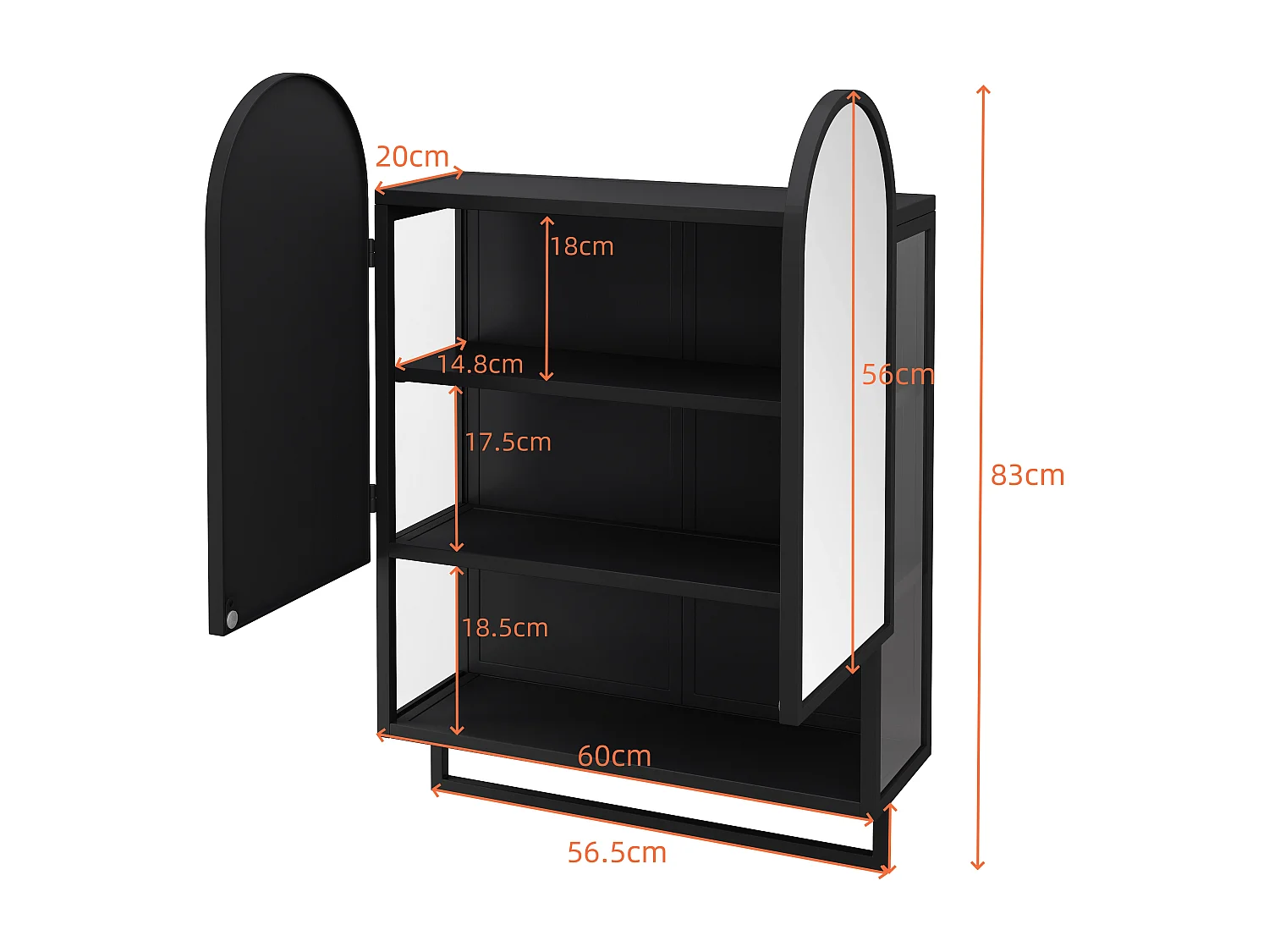 Armadio moderno a specchio a doppio arco, 2 ante, metallo e vetro temperato, nero (60x20x83cm)