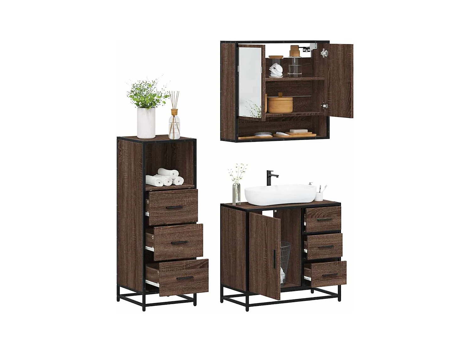 Set di mobili da bagno 3 pezzi Rovere marrone
