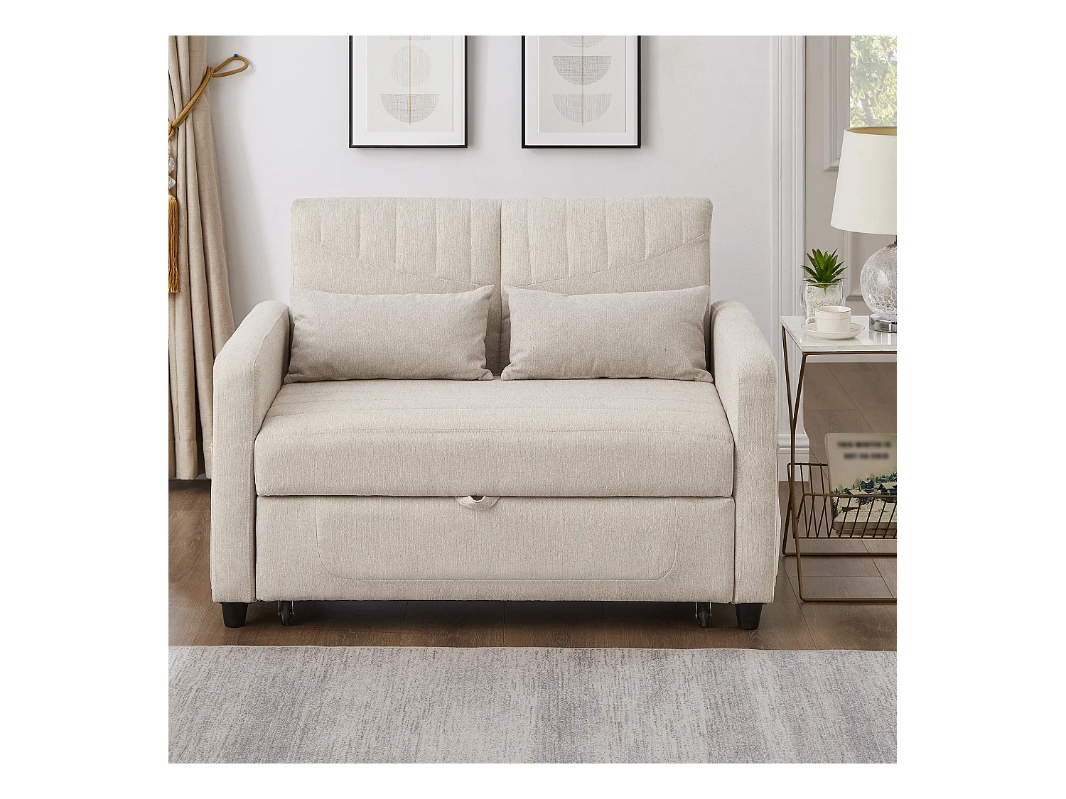 2-zits slaapbank, modern en uitschuifbaar design, ademende katoen-linnen stof, beige (114x77x82,5 cm)