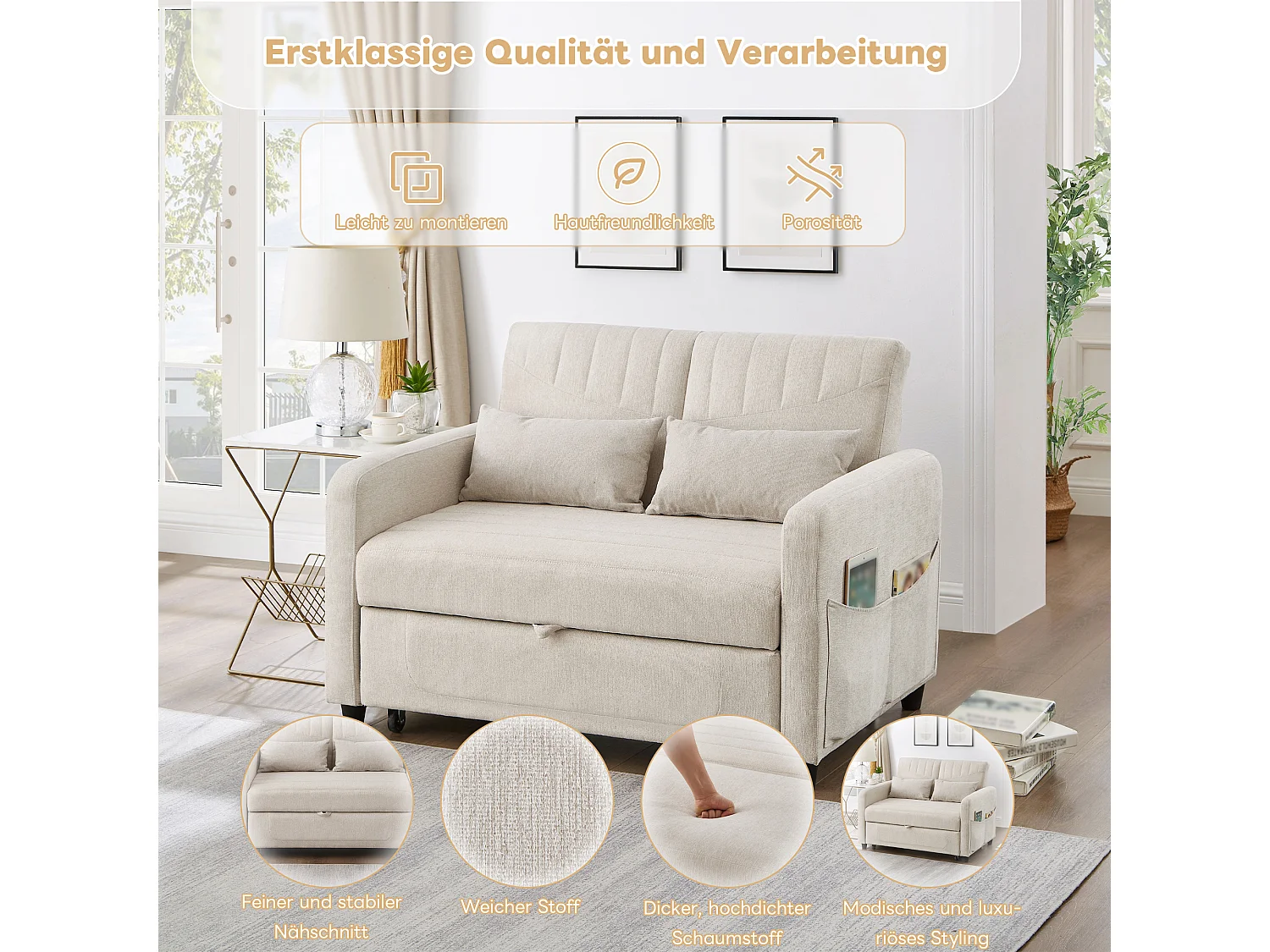 2-zits slaapbank, modern en uitschuifbaar design, ademende katoen-linnen stof, beige (114x77x82,5 cm)