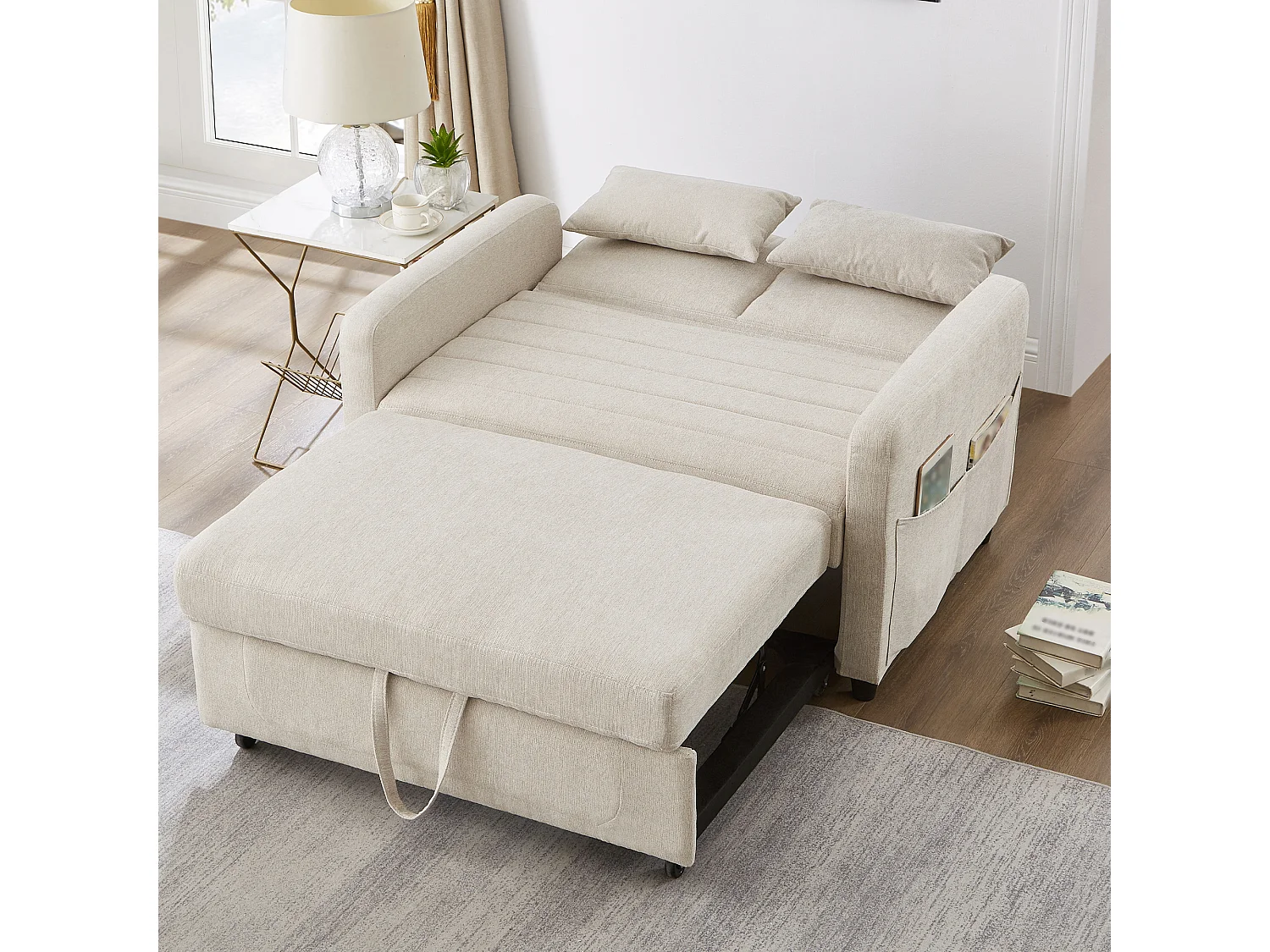 Canapé-lit 2 places convertible, design moderne et extensible, tissu en coton-lin respirant, beige (114x77x82.5 cm)