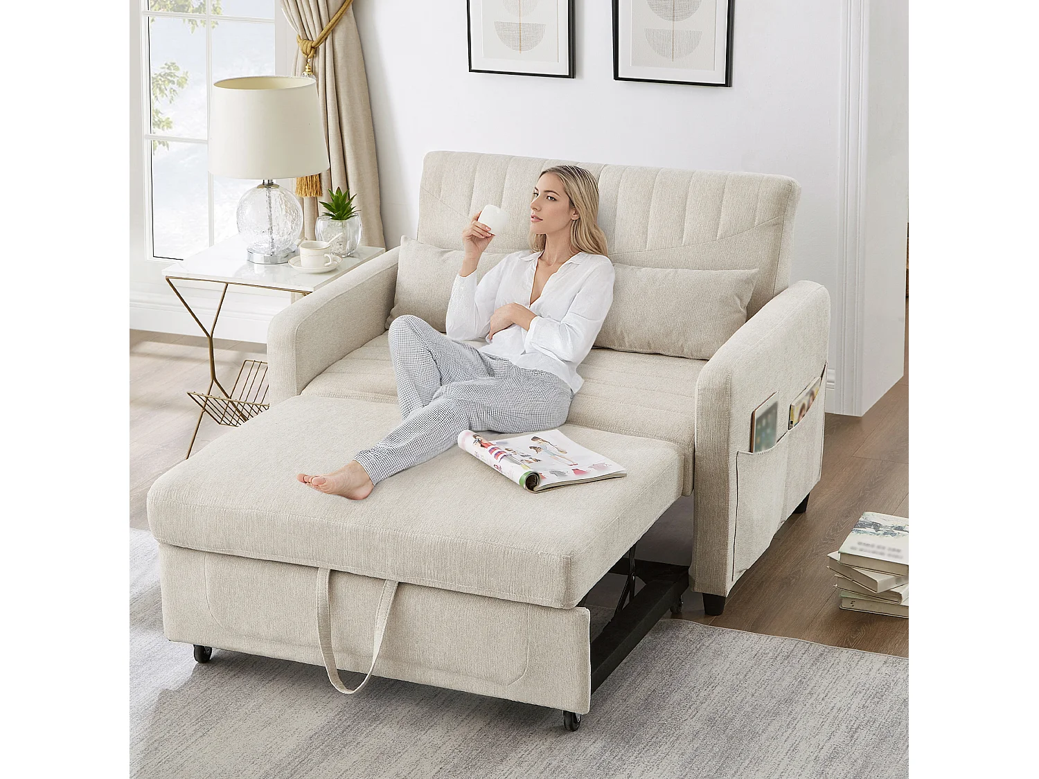 Canapé-lit 2 places convertible, design moderne et extensible, tissu en coton-lin respirant, beige (114x77x82.5 cm)