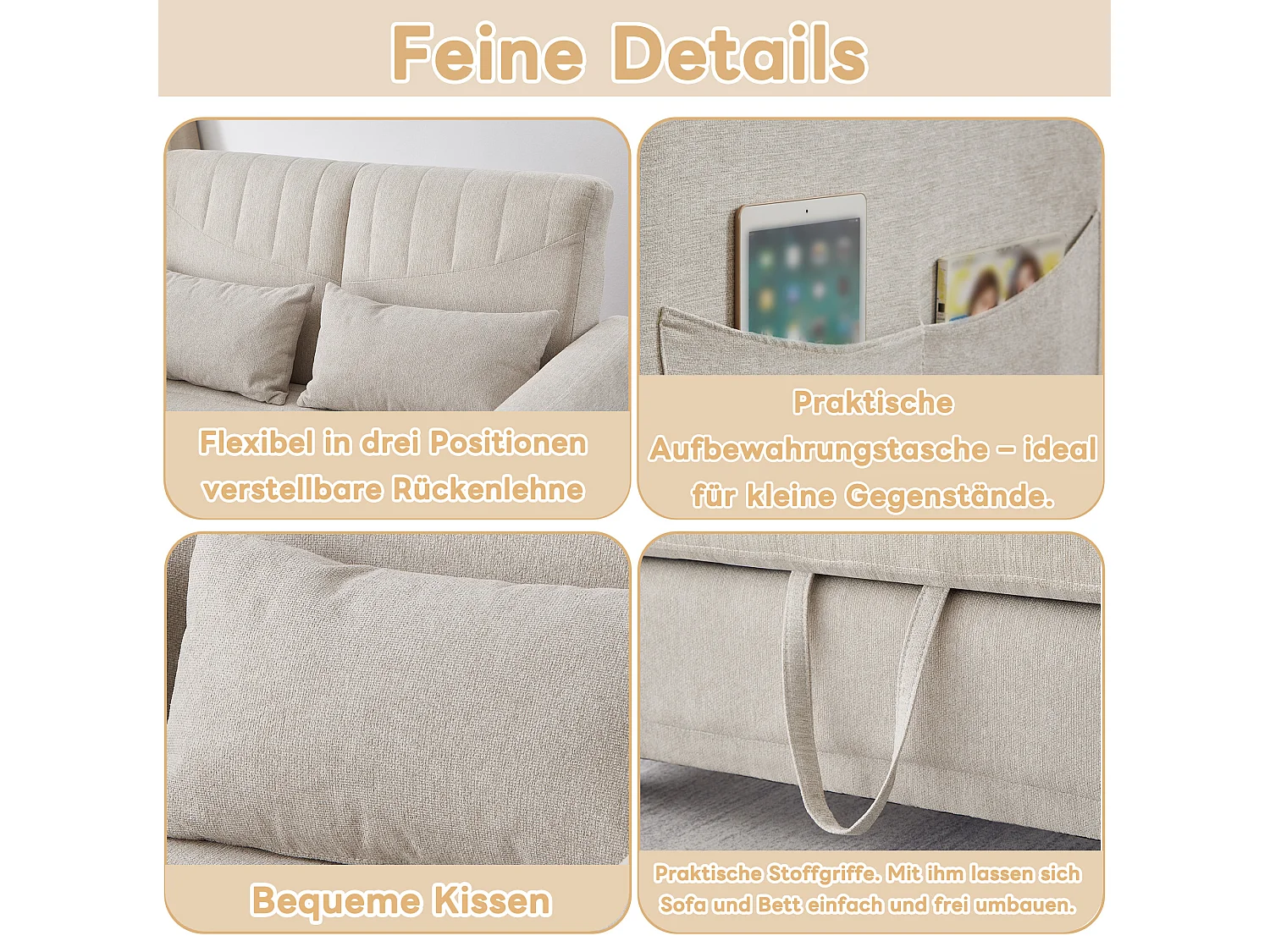 Canapé-lit 2 places convertible, design moderne et extensible, tissu en coton-lin respirant, beige (114x77x82.5 cm)