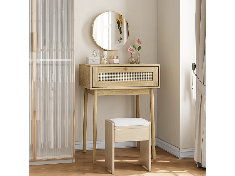 Coiffeuse en rotin avec miroir, design compact et élégant, MDF et verre, chêne (60x50x128 cm)