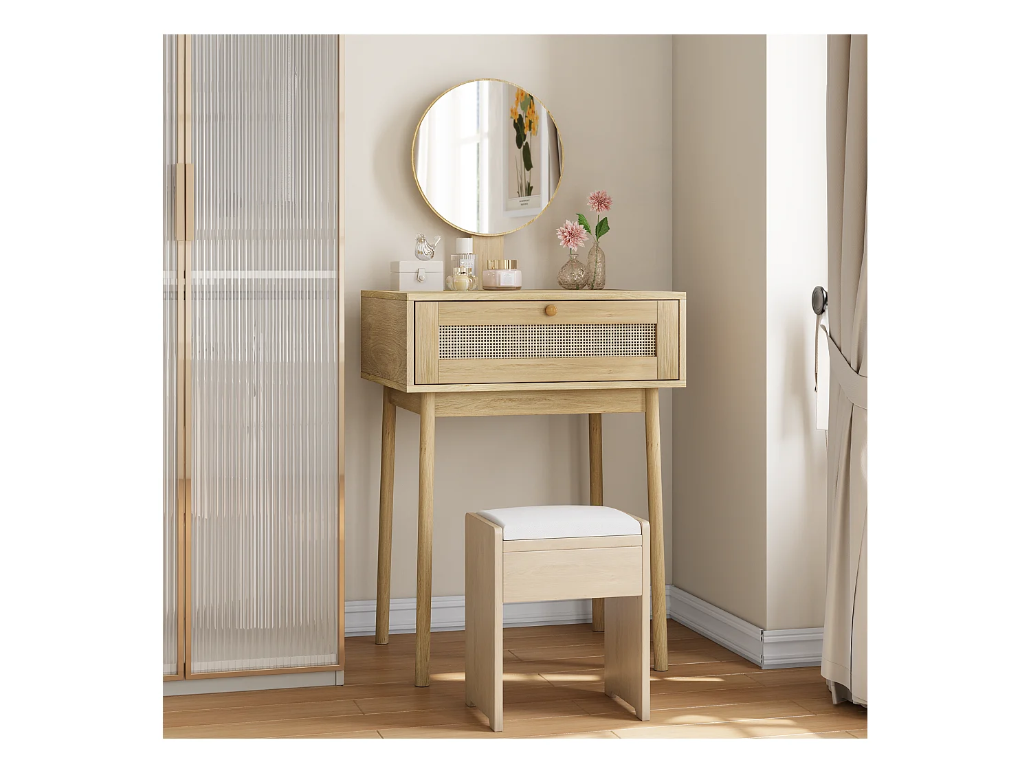 Coiffeuse en rotin avec miroir, design compact et élégant, MDF et verre, chêne (60x50x128 cm)