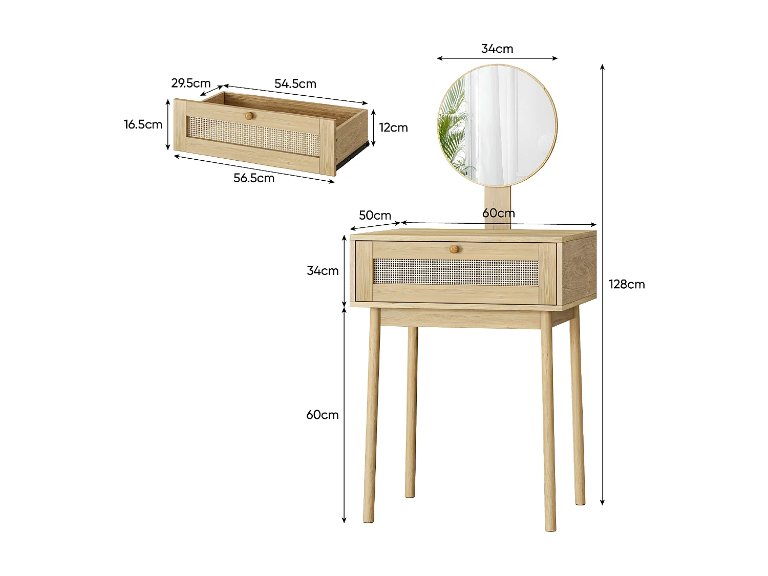 Coiffeuse en rotin avec miroir, design compact et élégant, MDF et verre, chêne (60x50x128 cm)