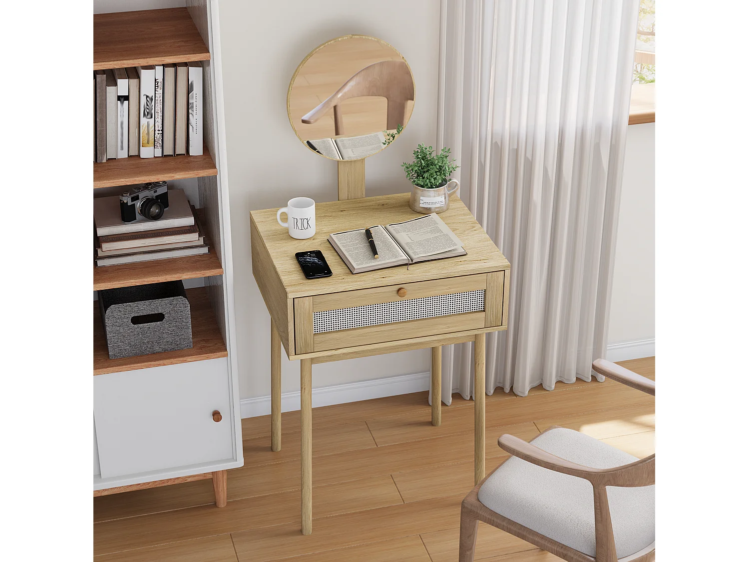 Coiffeuse en rotin avec miroir, design compact et élégant, MDF et verre, chêne (60x50x128 cm)